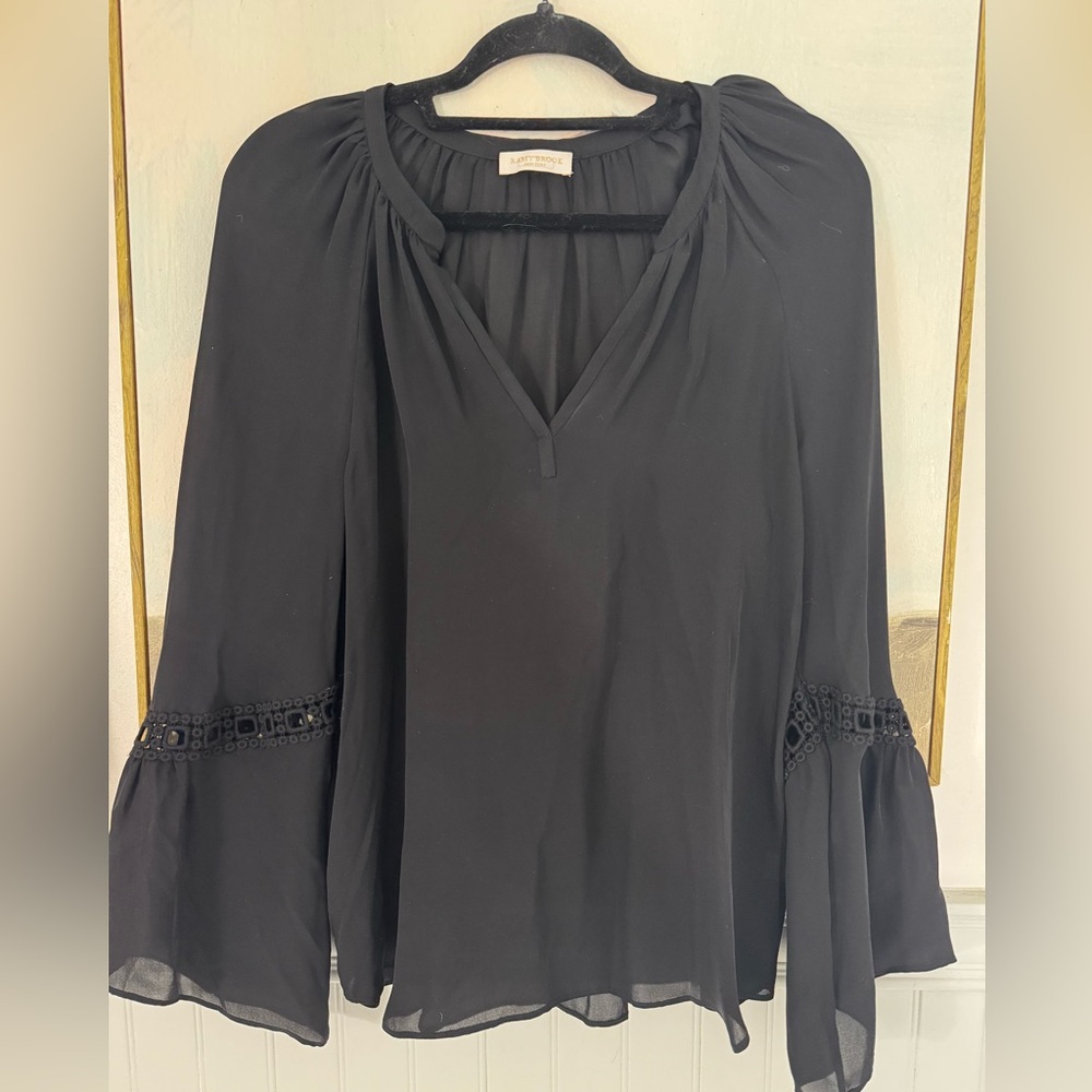RAMY BROOK Embroidered Split Neck Blouse Black Silk Flowy Sleeve Size Sm - Picture 2 of 6